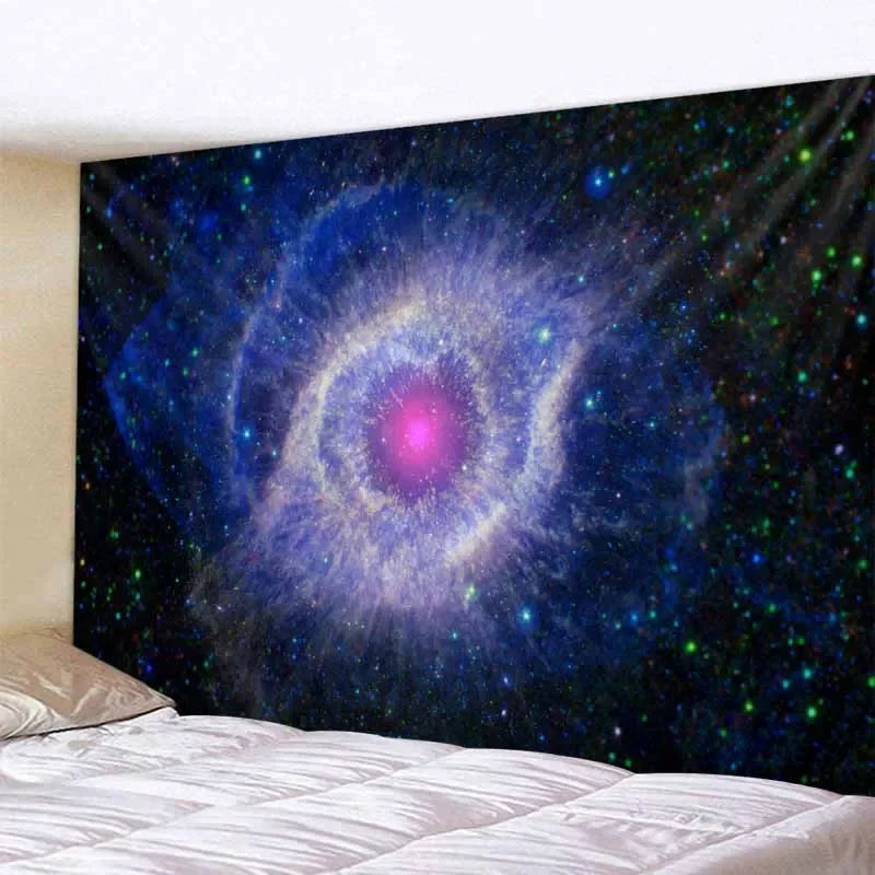 A dark wall hanging tapestry depicting a vibrant purple and blue galaxy with bright stars.