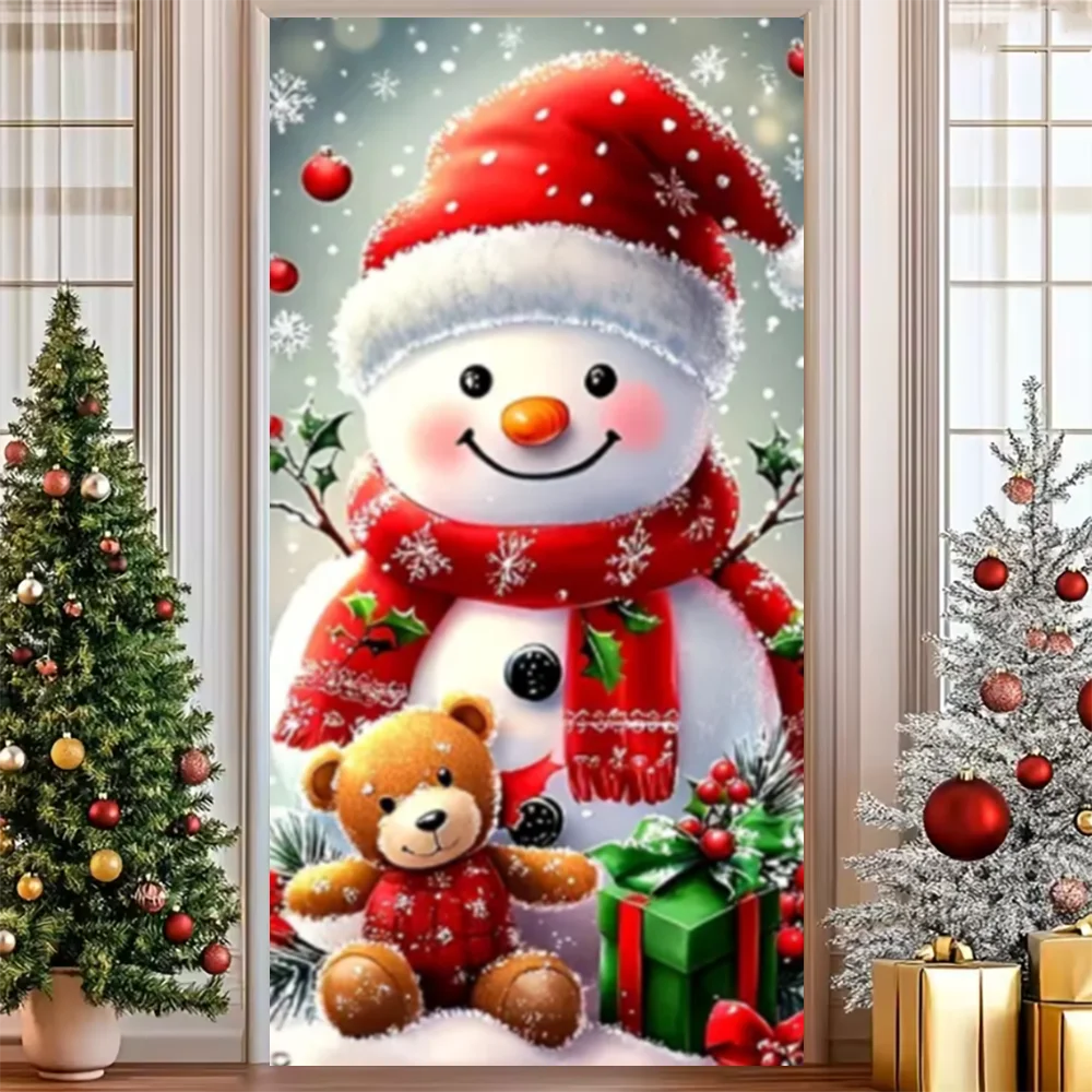 Merry Christmas Party Decoration Door Cover with Santa, Snowman & Reindeer Design