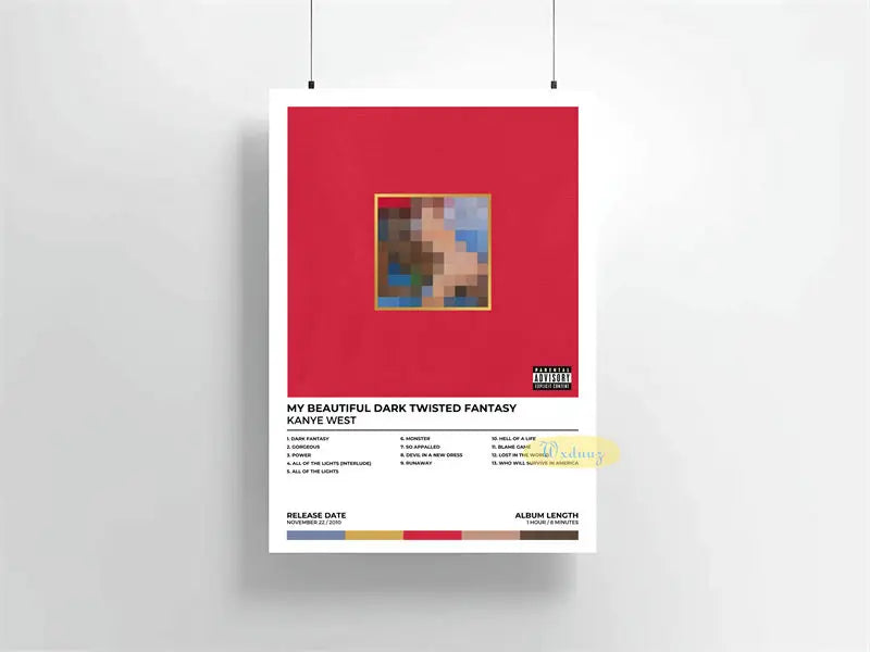 Decoración de pared en lienzo rojo con arte de álbum de Dark Twisted Fantasy de Kanye West