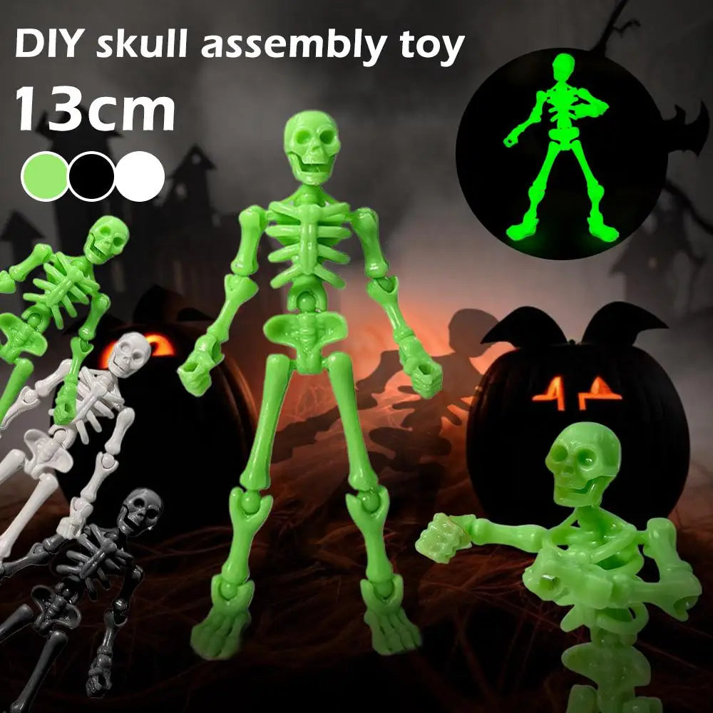 A green plastic DIY skull assembly toy skeleton figure standing in front of a carved pumpkin.