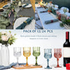 A pack of 12 or 24 reusable plastic wine glasses in various colors and designs displayed on a wooden board.