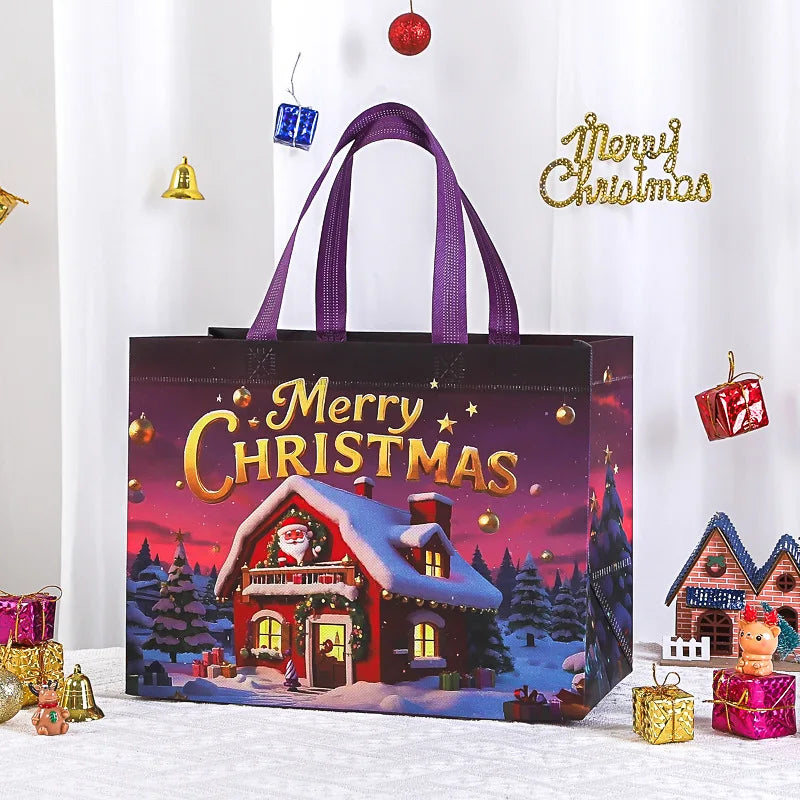 A dark purple reusable non-woven Christmas gift bag featuring a festive scene of a red house decorated for Christmas.