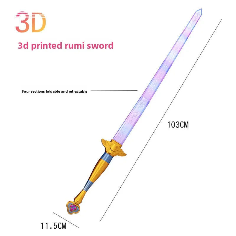 3D printed rumi sword with a golden hilt and purple blade shown in a vertical view.