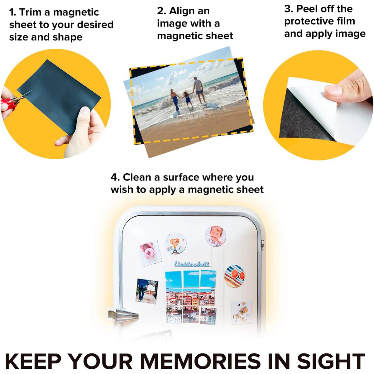 Instructions for trimming, aligning, peeling, and applying magnetic sheets to a surface.