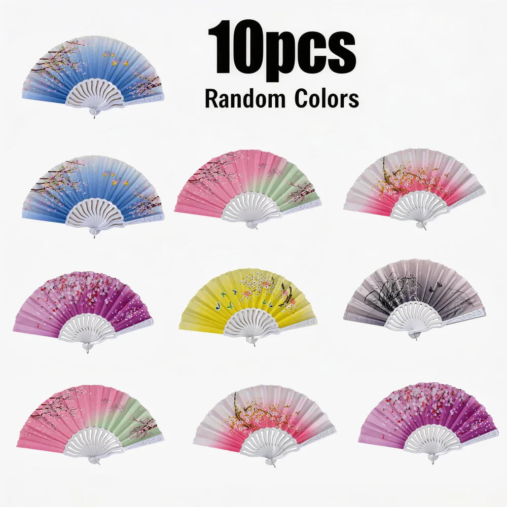 A collection of ten random colored plastic folding fans displayed in various shades of blue, pink, and white.