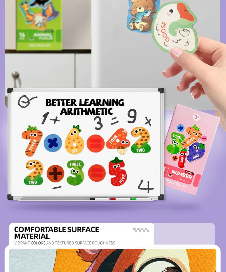 A hand holds a magnetic alphabet and number learning set featuring fruit shapes and numbers on a white board.