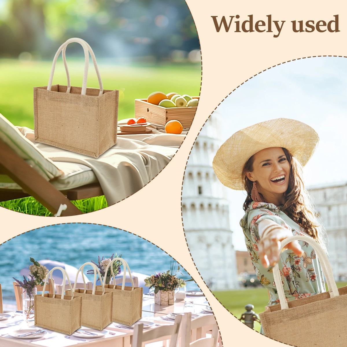 A woman holds a natural jute tote bag with cotton rope handles outdoors against a backdrop of a historic building.