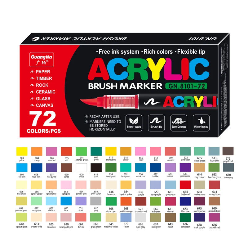 Box of 72 color acrylic brush markers with tips and ink cartridges for DIY crafts