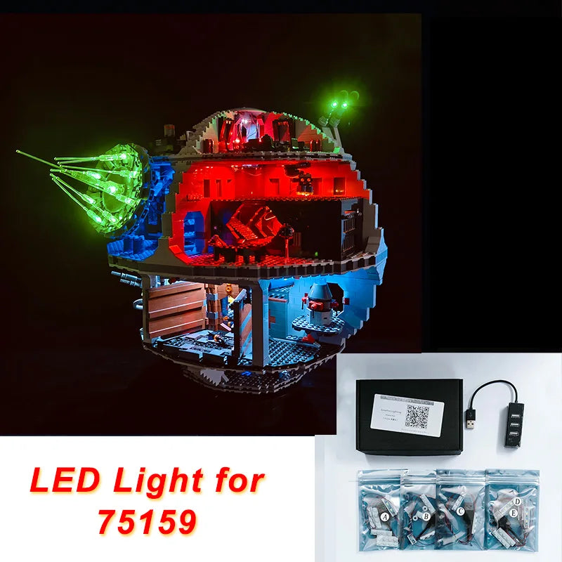 A detailed model of the Death Star is illuminated with green and red LED lights.