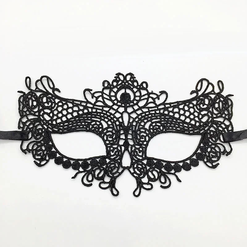 Elegant black lace half face mask with intricate floral and scrollwork design