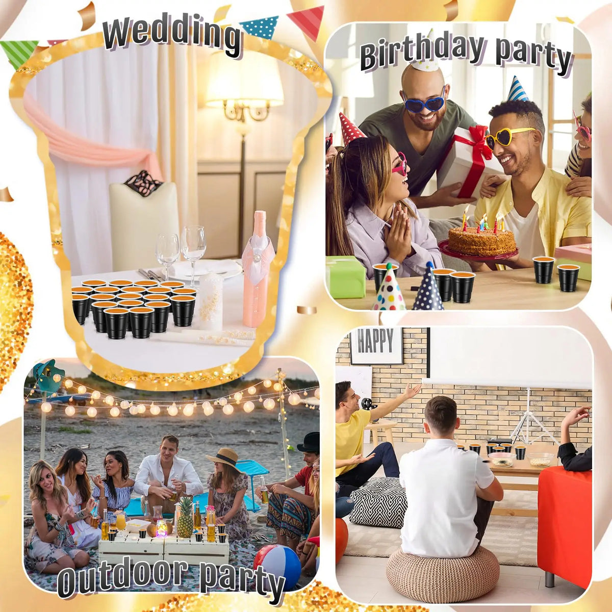 A collage showing wedding, birthday party, and outdoor party scenes with various celebratory elements.