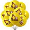 A bunch of yellow latex balloons featuring orange construction equipment like excavators and bulldozers.