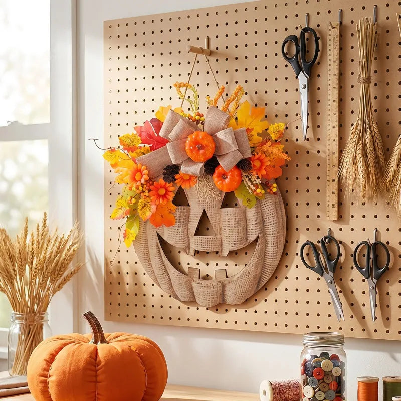 A decorative plastic pumpkin door hanger set featuring orange and yellow autumn foliage displayed on a wooden board.