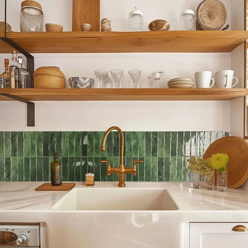 A kitchen countertop with a white sink and faucet, featuring wooden shelves above and a green tiled backsplash.