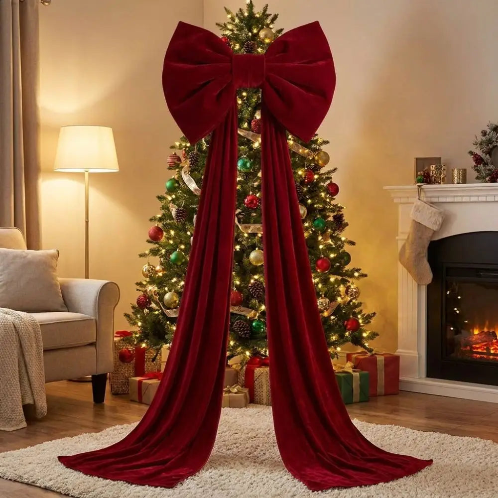 A deep red velvet Christmas tree topper bow with long streamers displayed in a festive holiday setting.