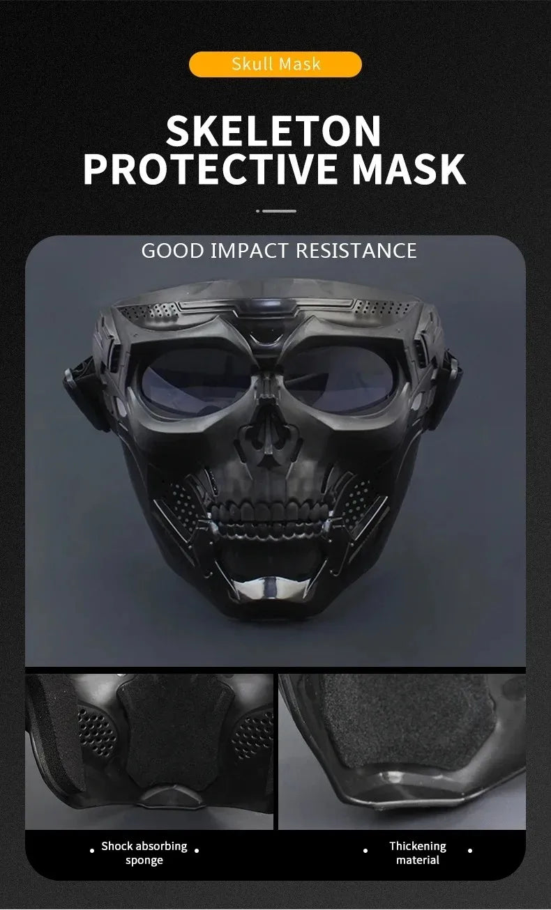 A black skeleton protective mask for motorcycle or bicycle, showing details of the shock absorbing sponge and thickening mate