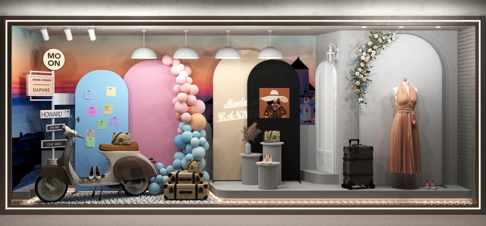 Exhibición de un arco de fondo elástico personalizable para eventos, mostrando varios elementos decorativos y opciones de est