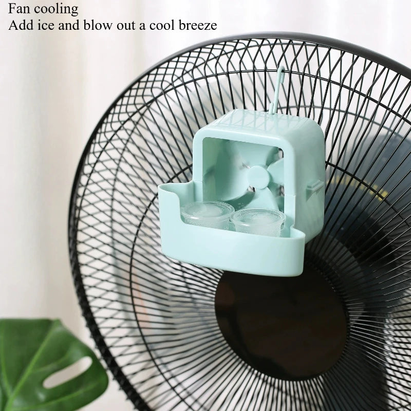 A portable floor fan with an ice-cooling attachment blowing a cool breeze.