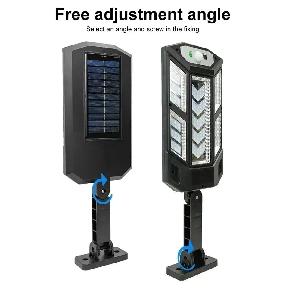 A black solar-powered motion sensor LED security light with a free adjustment angle.