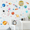 Una pared decorada con estrellas y planetas luminiscentes, incluyendo diversos cuerpos celestes y cohetes.