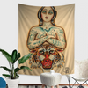 A tapestry featuring a vintage tattoo style woman and a wild tiger head design.