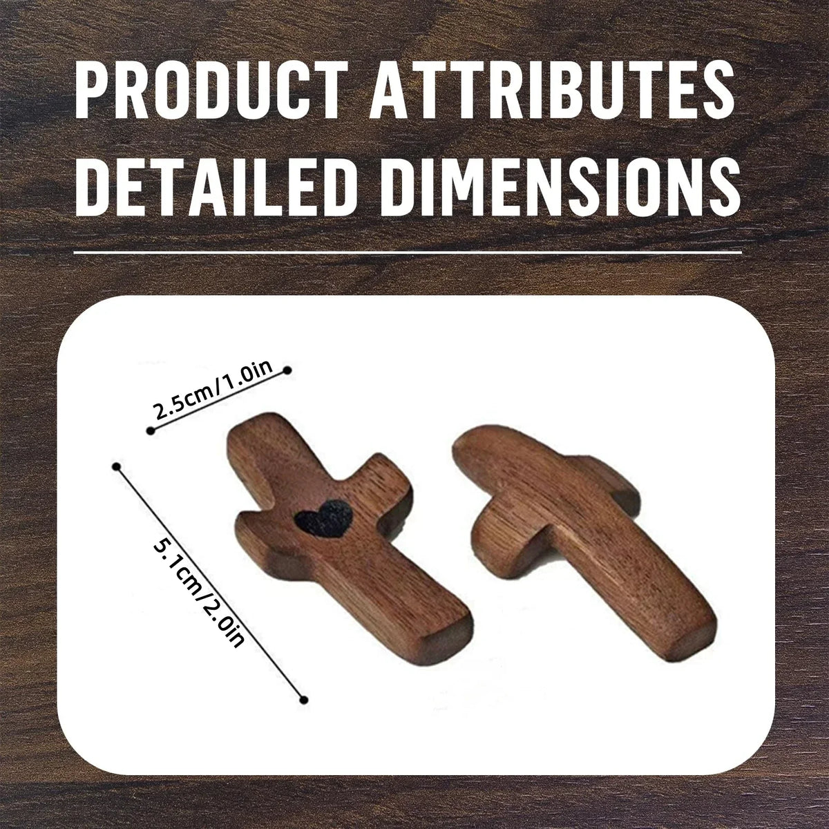 Handcrafted black walnut cross for prayer and meditation showing detailed dimensions.