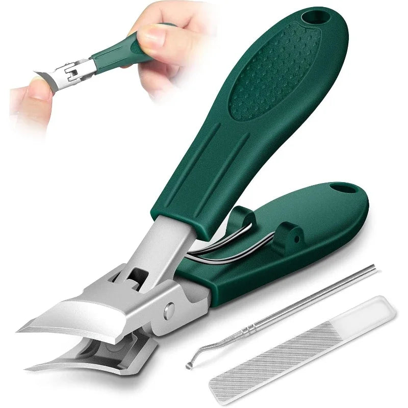 Set hochwertiger Edelstahl-Nagelschere mit dunkelgrünem Griff und silbernen Klingen.