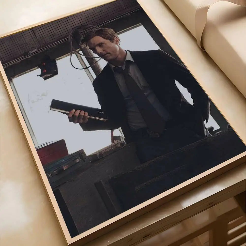 A framed movie poster featuring a man in a suit looking out of a window.