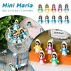 A collection of Mini Maria religious desktop figurines and ornaments in various colors displayed on a clear glass stand.