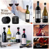 Various reusable silicone wine bottle stoppers and a glass stopper are shown in different colors and contexts.