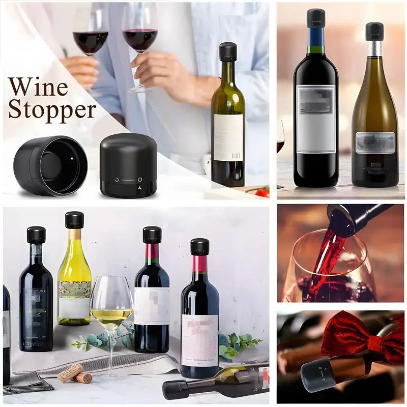 Various reusable silicone wine bottle stoppers and a glass stopper are shown in different colors and contexts.