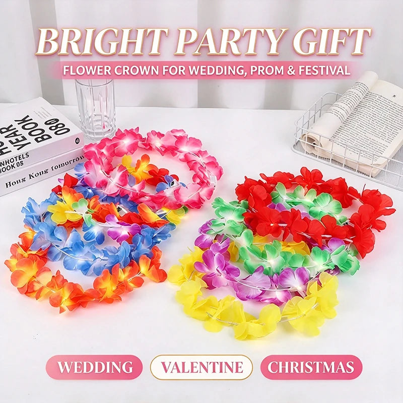 Bright party gift featuring colorful LED flower crowns for wedding, prom, and festival use.