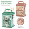 A pink electronic piggy bank ATM box with a fingerprint sensor and a green version of the same product.