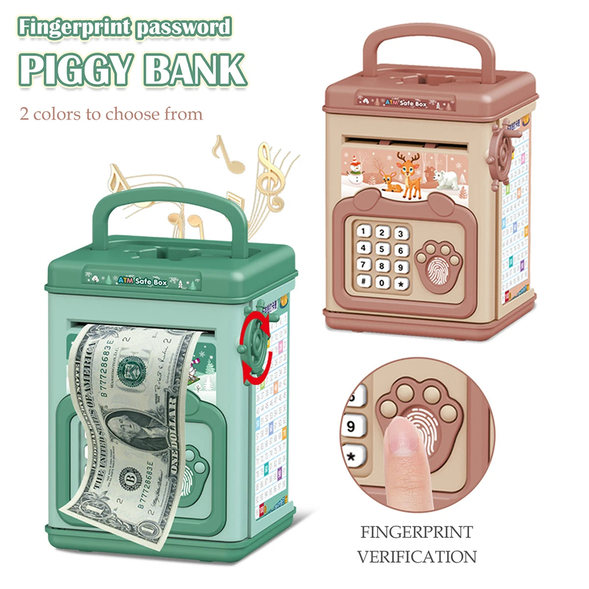 A pink electronic piggy bank ATM box with a fingerprint sensor and a green version of the same product.