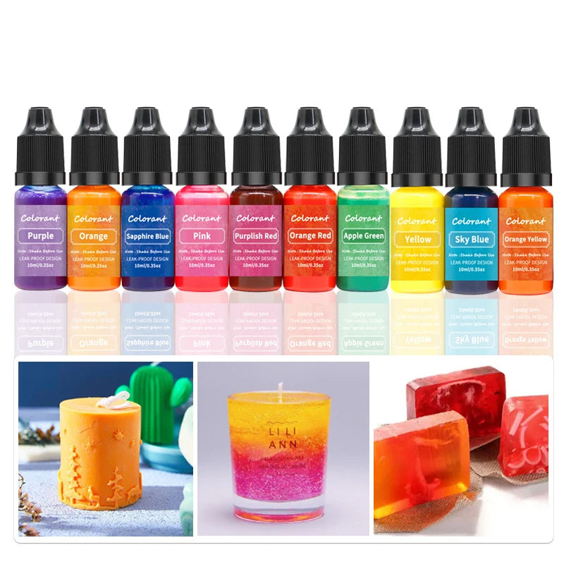 A collection of 20 liquid candle dye pigments in various colors including purple, orange, pink, and green, displayed alongsid
