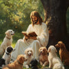 A painting depicting Jesus reading a Bible surrounded by several dogs in a lush outdoor setting.