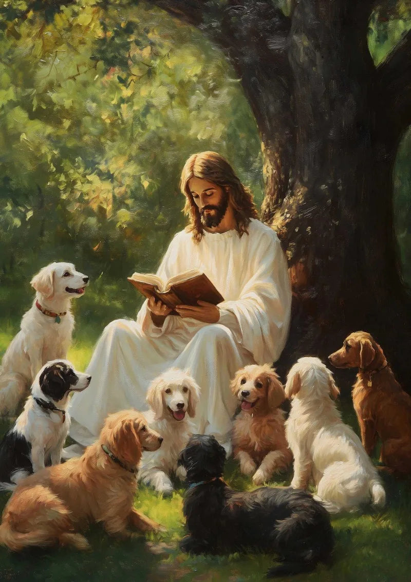 A painting depicting Jesus reading a Bible surrounded by several dogs in a lush outdoor setting.
