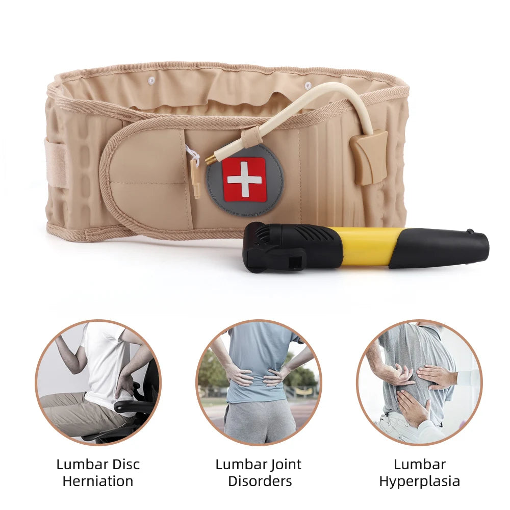 A beige inflatable lumbar support belt and a yellow and black massage tool are shown with diagrams illustrating lumbar disc h