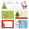 A collection of festive Christmas decorative stickers including a Christmas tree, Santa Claus, and gift tags.