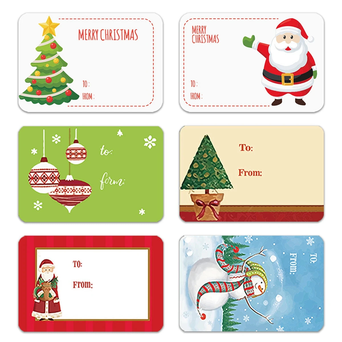 A collection of festive Christmas decorative stickers including a Christmas tree, Santa Claus, and gift tags.