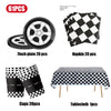 A set of birthday racing car party decorations including a 7 inch plate, napkins, cups, and a tablecloth.