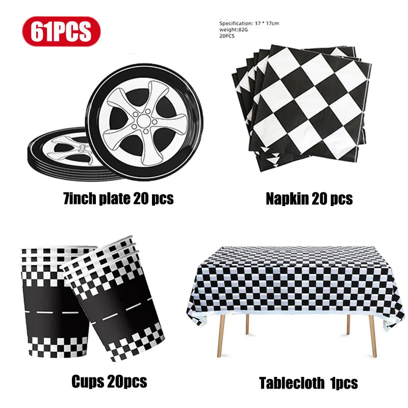 A set of birthday racing car party decorations including a 7 inch plate, napkins, cups, and a tablecloth.