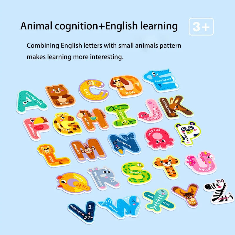 A collection of magnetic alphabet learning magnets featuring small animals and letters for children.