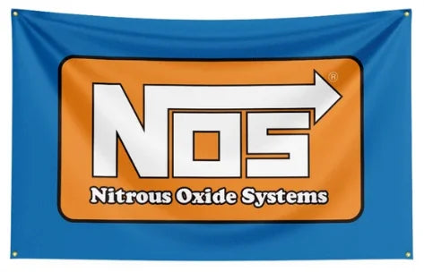 A blue banner flag featuring the white NOS logo with an orange background and text Nitrous Oxide Systems.