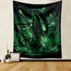A dark green tapestry wall hanging featuring a menacing alien predator design.