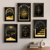 A collection of five framed black and gold mystical tarot sun moon wall art prints displayed on a white wall.