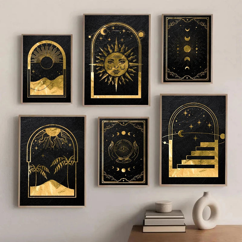 A collection of five framed black and gold mystical tarot sun moon wall art prints displayed on a white wall.
