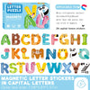 A box of magnetic letter stickers featuring 26 capital letters for educational learning and puzzles.