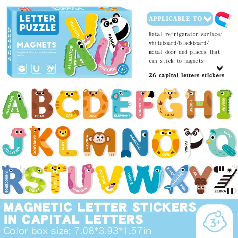 A box of magnetic letter stickers featuring 26 capital letters for educational learning and puzzles.