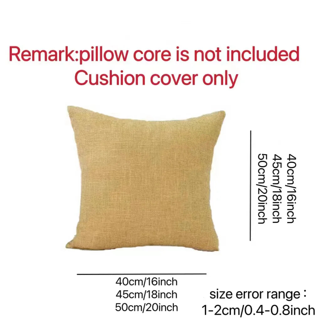 A single tan linen cushion cover is shown with size measurements and a note that the pillow core is not included.